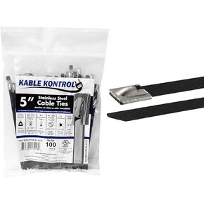 Kable Kontrol Black Metal Zip Ties - 5" Inch Long 100 Pcs, 200 Lbs Tensile Strength, Polyester Coated 304 Stainless Steel Cable Ties UV & Chemical Resistance, for Indoor & Outdoor Use