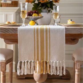 Caflife Boho Table Runner for Modern Farmhouse Decor, Dining Table décor 13 x 90 Inch Long, Coffee Table Runner with Handcrafted Tassels, Green and Beige Stripe Table Runner for Home Boho décor