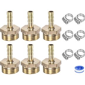 6-Pack Brass Hose Barb Fittings, 8mm x G1/4 Male Couple Hose Connector with Stainless Steel Hose Clamp & PTFE Tape, Barbed Air Hose Repair Fitting Adapter Kit