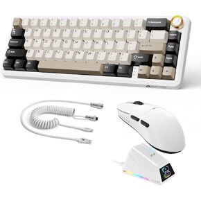 A.JAZZ Attack Shark X66 60% Wireless Mechanical Gaming Keyboard with Volume Knob AJ159APEX 8Khz Wireless Gaming Mouse Ultralight 56g with Magnetic Screen Charging Dock Combo Set(Cheese White)