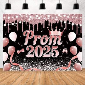 MEHOFOND Prom 2025 Backdrop Banner Rose Gold Graduation Party Photography Background 2025 Prom Night Party Decorations Background Glitter Diamonds String Lights Balloons Decor Backdrop 7x5ft