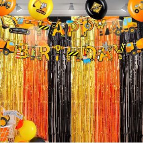 Construction Birthday Party Supplies, 2 Pack Construction Foil Fringe Curtains, 3.3x6.6 ft Yellow Orange and Black Tinsel Photo Booth Prop, Construction Party Decoration Backdrop Streamers