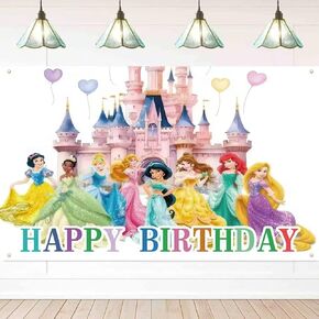 Princess Happy Birthday Backdrop Banner,5x3Ft Princess Birthday Party Decorations Photo Background Decor for Girls 1st 2nd,Princess Themed Birthday,Castle Party,Table Photography Decorations Supplies
