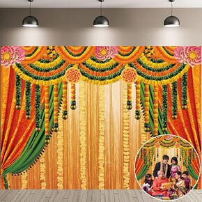Indian Pooja Traditional Backdrop Indian Religious Festival Marigold Yellow Curtain Background Diwali Puja Ganpati Pooja Mehndi Wedding Party Decoration 7x5FT