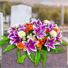 Artificial Sympathy Flowers for Grave Headstone Saddle, Easy Fit Outdoor Cemetery Decoration Red Yellow Roses Large-size