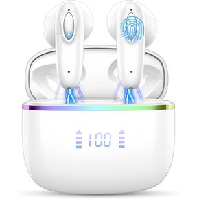 Wireless Earbud Bluetooth 5.3 Headphones, Hi-Fi Stereo Ear Buds with 4 ENC Cancelling Mics, 40H in-Ear Earphones IP7 Waterproof Sports, LED Display, Mini Headset for Laptop Pad TV, Android/iOS ROMOKE