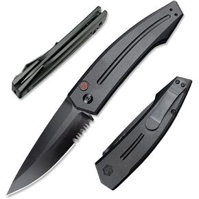 3.31'' D2 Steel Blade Aluminum Handles Speed Safe Botton Fast Opening Folding Knife with Pocket Clip, Camping EDC Tools, Survival Knives, Christmas Gift for Men and Women (Black Serrated Blade)