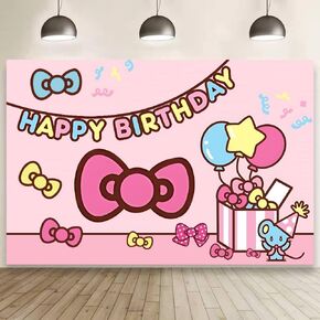 Happy Birthday Backdrop Decorations Party Banner for Pink Kawaii Birthday Wall Decor Party Supplies (5x3ft)