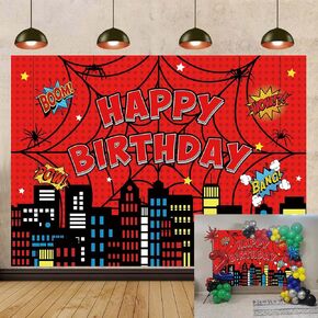 Super City Backdrop 7x5FT Red Spider Web Birthday Backdrop for Photography City Skyline Buildings Citycape Background Boys Baby Shower Birthday Party Decorations Banner Photo Props (7x5ft(84''x60''))
