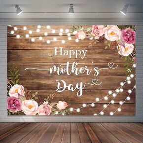 Happy Mother's Day Backdrop Rustic Lights Floral Mothers Day Photo Background Brown Wooden I Love Mom Gift Wall Party Decorations Banner Photo Booth Props (7x5ft)