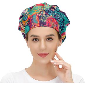 Working Cap with Button and Sweatband Adjustable Tie Back Bouffant Hats Printed Multi Color for Woman Man.