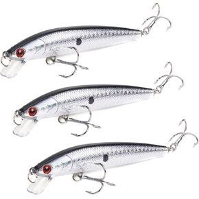 Floating Fishing Lure Casting Bait Sinking Bass Lures Trolling Minnow with Strong Hooks Topwater Crankbaits Deep Diver Artificial Jerkbait for Walleye Trout Freshwater Saltwater, Red Eyes Silver 3Pcs