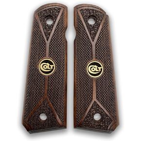 1911 Original Series US Logo Wooden 1911 Grips, Ambi Safety Cut, Handgun Grips, Pistol Grips, 1911 Wood Grips, 1911 Grips for Full Size, 1911 Accessories, Gift for Veterans (Gold Metal Logo Colt)