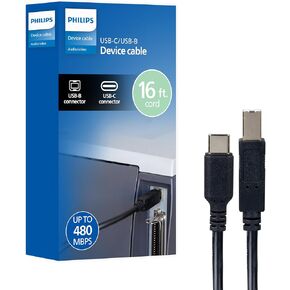 Philips USB-B to USB-C Printer Cable, 16 Ft Long Cord, Connect Laptop or Desktop, Data Transfer 480 Mbps, Gold Plated, HP, Canon, Brother, Samsung, Dell, Epson, Lexmark, Xerox, Black, SWV3173B/37 in Kuwait