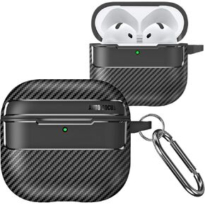 for AirPods 4th Generation Case 2024, Carbon Fiber Texture Case for AirPods 4 Gen with Carabiner Keychain, Military Shockproof Wireless Cover for AirPods 4 XW Black