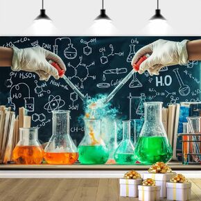 Chemical Science Fun Birthday Backdrop, Black Mad Scientist Chemical Experiments Party Decoration Background for Girl Boy, Colorful Beakers Measuring Cups Photography Background for School Class 7x5ft