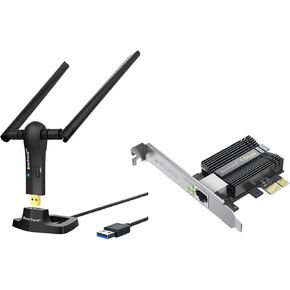 BrosTrend 5Gb PCIe Network Card, PCIe Ethernet Card with Extra Low-Profile, PCI Express NIC + AC1200 Long Range USB WiFi Adapter for Desktop PC Laptop, Dual Band WiFi Dongle with 2 High Gain Antennas