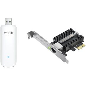 BrosTrend 5Gb PCIe Network Card, PCIe Ethernet Card with Extra Low-Profile, PCI Express NIC + AX1800 USB WiFi 6 Adapter, Dual Band WiFi Dongle 5GHz + 2.4GHz, Wireless USB Adapter for Desktop PC Laptop
