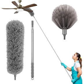 Ceiling Fan Duster with Extension Pole 3PCS, 100-inch Extra-Long Duster, Bendable Microfiber Head & Cobweb Brush Washable Ceiling Fan Cleaner Duster Kit for High Ceilings, Furniture, Corner