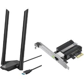 BrosTrend 5Gb PCIe Network Card, PCIe Ethernet Card with Extra Low-Profile, PCI Express NIC + AX1800 USB WiFi 6 Adapter for Desktop PC Laptop Dual Band, Long Range WiFi Dongle with High Gain Antennas