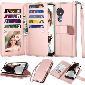 Njjex for Moto G7 Play Wallet Case/Motorola G7 Optimo (XT1952DL)/ T-Mobile Revvlry Case [9 Card Slots] PU Leather Card Holder Folio Flip [Detachable] Kickstand Lanyard Magnetic Phone Cover [Rosegold]
