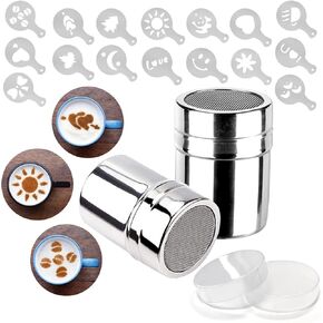 2 Pack Chocolate Shaker Dusters Mesh Powder Shaker Shaker 16 Coffee templates Set for Syrup,Cream,PowderedSugar,Cocoa,Cappuccino,for Kitchen,Drinks,Baking (18)
