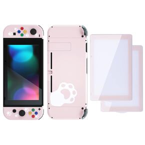 eXtremeRate Colorful Border Screen Protector + Back Plate + NS Joycon Handheld Controller Housing Buttons for Nintendo Switch, DIY Replacement Shell for Nintendo Switch - Pink Cat Paw