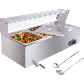 6-Pan Commercial Food Warmers, 12 Qt Stainless Steel Countertop Buffet Steam Table Pan with Lid, 1500W Electric Buffet Bain Marie with Tempered Glass Cover for Party, Restaurant