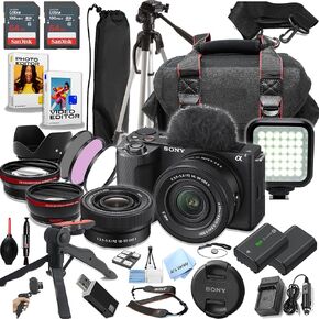 Sony ZV-E10 II Mirrorless Camera with 16-50mm Lens + 128GB Memory, LED Video Light, Case, Gripster Tripod,Filters, Lenses and More (Value Bundle) (Renewed)