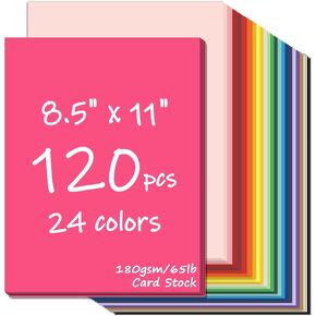 120 Sheets Colored CardStock, 180gsm/65lb 24 Colors Cardstock Print Paper 8.5 x 11 Inches, Double Sided Printed Card Stock Paper for Kids Scrapbook School Office Printing DIY Craft