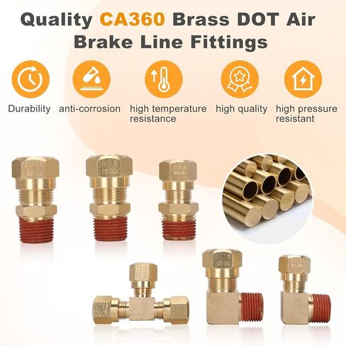 74Pcs DOT Air Brake Line Fittings Assortment,1/8",1/4",3/8",1/2",5/8" Brass Air Line Fittings for Quick Disconnection and Push-in of Tubing,Suitable for Air Lines Brake Systems,DOT Air fitting in Saudi Arabia