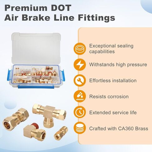 74Pcs DOT Air Brake Line Fittings Assortment,1/8",1/4",3/8",1/2",5/8" Brass Air Line Fittings for Quick Disconnection and Push-in of Tubing,Suitable for Air Lines Brake Systems,DOT Air fitting in Saudi Arabia