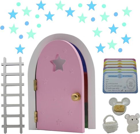 Qué Kawaii® MAGICAL Pérez mouse kit. DOOR THAT OPENS AND SHINES IN THE DARK!!! Wooden door and+crochet bag+Plate+Cheese+stars+little mouse that glows in the dark+6 certificates in Kuwait