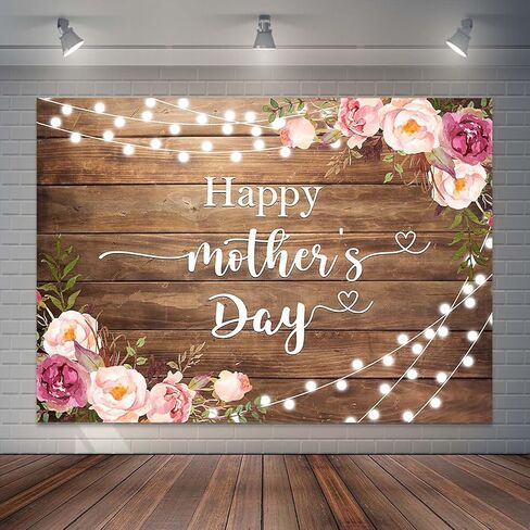 Happy Mother's Day Backdrop Rustic Lights Floral Mothers Day Photo Background Brown Wooden I Love Mom Gift Wall Party Decorations Banner Photo Booth Props (7x5ft) in Kuwait