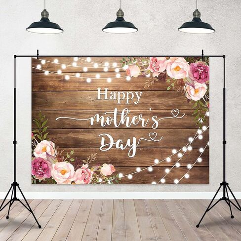 Happy Mother's Day Backdrop Rustic Lights Floral Mothers Day Photo Background Brown Wooden I Love Mom Gift Wall Party Decorations Banner Photo Booth Props (7x5ft) in Kuwait