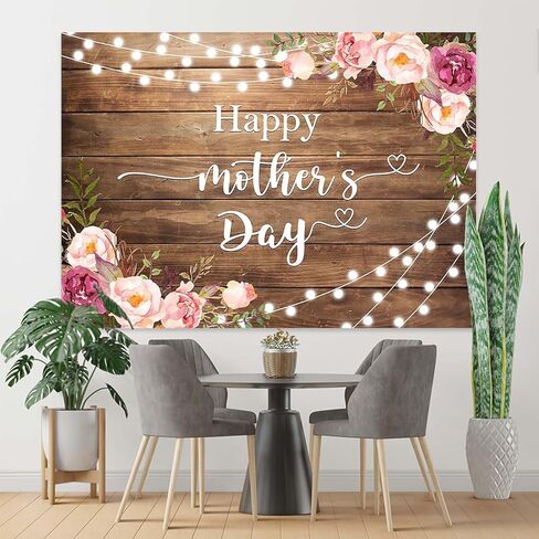 Happy Mother's Day Backdrop Rustic Lights Floral Mothers Day Photo Background Brown Wooden I Love Mom Gift Wall Party Decorations Banner Photo Booth Props (7x5ft) in Kuwait