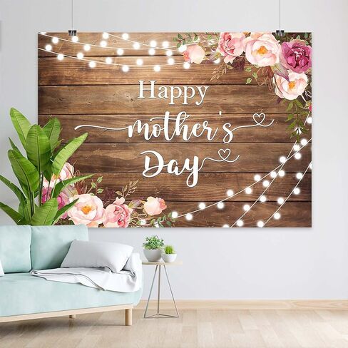 Happy Mother's Day Backdrop Rustic Lights Floral Mothers Day Photo Background Brown Wooden I Love Mom Gift Wall Party Decorations Banner Photo Booth Props (7x5ft) in Kuwait