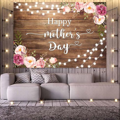 Happy Mother's Day Backdrop Rustic Lights Floral Mothers Day Photo Background Brown Wooden I Love Mom Gift Wall Party Decorations Banner Photo Booth Props (7x5ft) in Kuwait