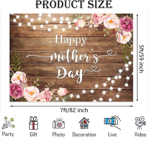 Happy Mother's Day Backdrop Rustic Lights Floral Mothers Day Photo Background Brown Wooden I Love Mom Gift Wall Party Decorations Banner Photo Booth Props (7x5ft) in Kuwait