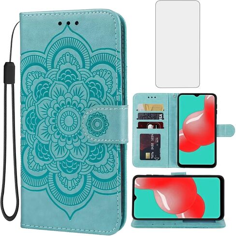 علبة Galaxy A32 4G ، Samsung A32 SM-A325F محفظة مع واقي شاشة زجاجية مقسمة ، غطاء هاتف بطاقة الائتمان من Mandala Flip ل Samsung Galaxy A32 4G Brown in Kuwait