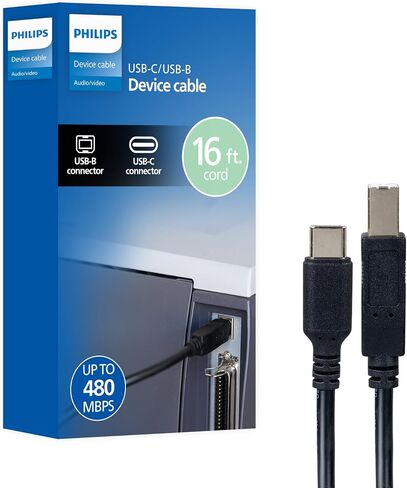 Philips USB-B to USB-C Printer Cable, 16 Ft Long Cord, Connect Laptop or Desktop, Data Transfer 480 Mbps, Gold Plated, HP, Canon, Brother, Samsung, Dell, Epson, Lexmark, Xerox, Black, SWV3173B/37 in Kuwait