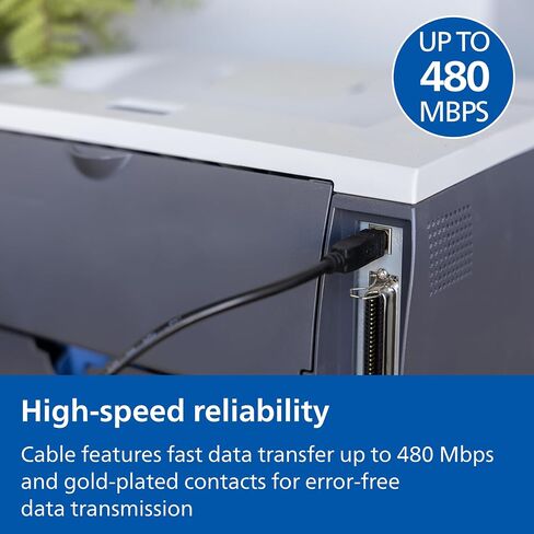 Philips USB-B to USB-C Printer Cable, 16 Ft Long Cord, Connect Laptop or Desktop, Data Transfer 480 Mbps, Gold Plated, HP, Canon, Brother, Samsung, Dell, Epson, Lexmark, Xerox, Black, SWV3173B/37 in Kuwait