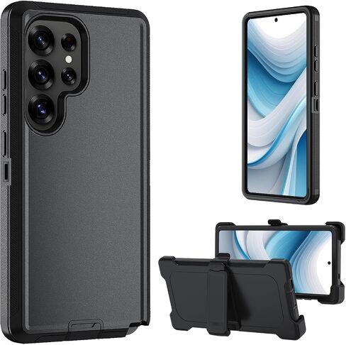 for Samsung Galaxy S25 Ultra case, S25 Ultra Heavy Duty case,with A Tempered Glass Screen Protector, [Military Grade Protective ] [Shockproof] [Dropproof] [Dust-Proof] (with Belt Clip-Black) in Saudi Arabia