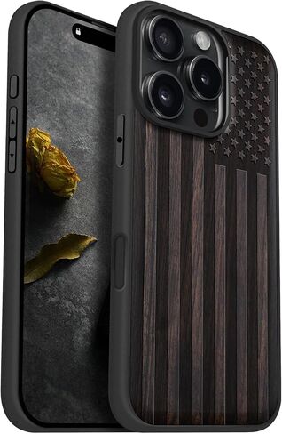 Carveit Magnetic Wooden Case for iPhone 16 Pro Case ، Wood Artisan محفورة وغطاء TPU الناعم الأسود ، متوافق مع شحنات Magsafe اللاسلكية (العلم الأمريكي) Blackwood in Kuwait