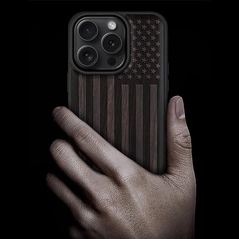 Carveit Magnetic Wooden Case for iPhone 16 Pro Case ، Wood Artisan محفورة وغطاء TPU الناعم الأسود ، متوافق مع شحنات Magsafe اللاسلكية (العلم الأمريكي) Blackwood in Kuwait