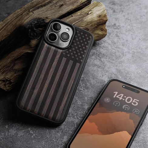 Carveit Magnetic Wooden Case for iPhone 16 Pro Case ، Wood Artisan محفورة وغطاء TPU الناعم الأسود ، متوافق مع شحنات Magsafe اللاسلكية (العلم الأمريكي) Blackwood in Kuwait