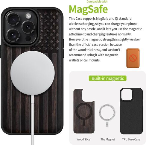 Carveit Magnetic Wooden Case for iPhone 16 Pro Case ، Wood Artisan محفورة وغطاء TPU الناعم الأسود ، متوافق مع شحنات Magsafe اللاسلكية (العلم الأمريكي) Blackwood in Kuwait