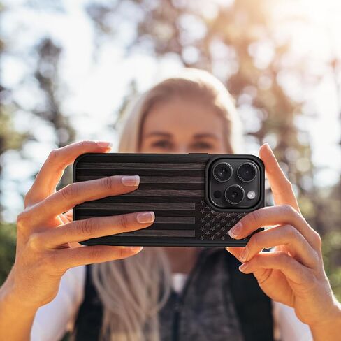 Carveit Magnetic Wooden Case for iPhone 16 Pro Case ، Wood Artisan محفورة وغطاء TPU الناعم الأسود ، متوافق مع شحنات Magsafe اللاسلكية (العلم الأمريكي) Blackwood in Kuwait