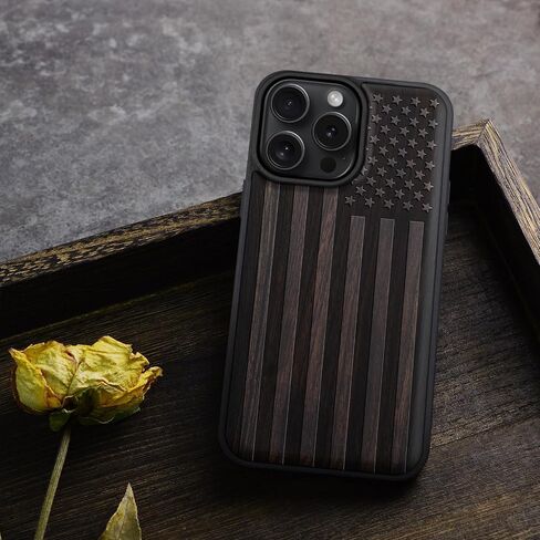 Carveit Magnetic Wooden Case for iPhone 16 Pro Case ، Wood Artisan محفورة وغطاء TPU الناعم الأسود ، متوافق مع شحنات Magsafe اللاسلكية (العلم الأمريكي) Blackwood in Kuwait