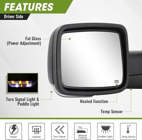 Driver Side Mirror for 2009-2018 Ram 1500 2010-2018 Ram 2500 3500 2019-2024 1500 Classic Ram Tow Mirror Power Heated Turn Signal Puddle Light Manual Folding-Left (Textured Black) in Kuwait